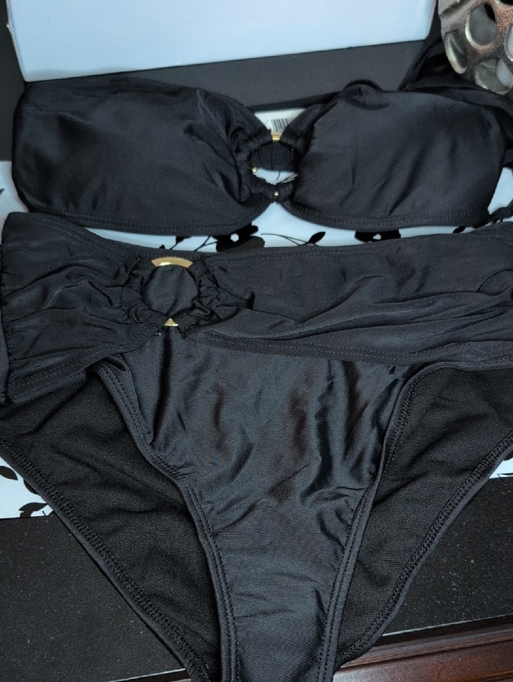 Tahari Black Bandeau Bikini Set with Gold Ring Accents
